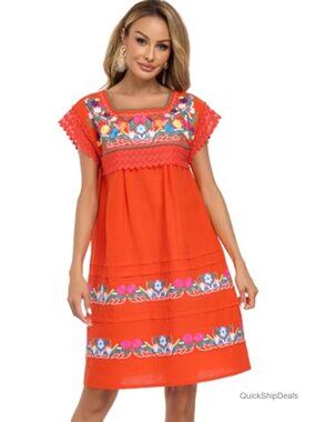 Mexican Floral Embroidered Short Sleeve Peasant Dress Boho Cotton